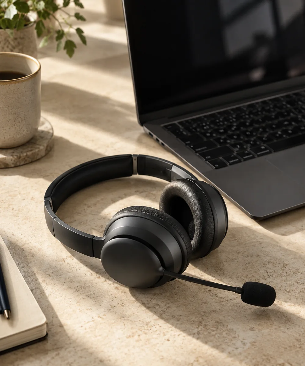 Laptop and support headset on a desk